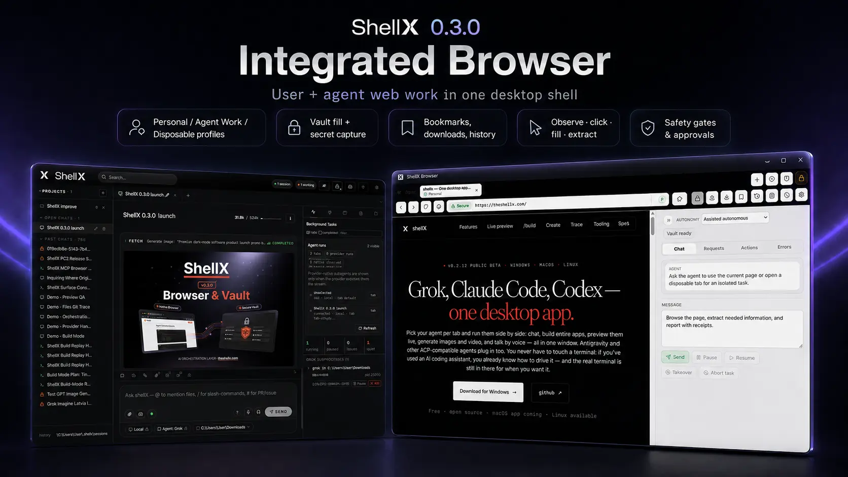 shellX 0.3.0 Integrated Browser — user and agent web work in one desktop shell, showing Personal / Agent Work / Disposable profiles, vault fill and secret capture, bookmarks, downloads and history, and observe / click / extract automation