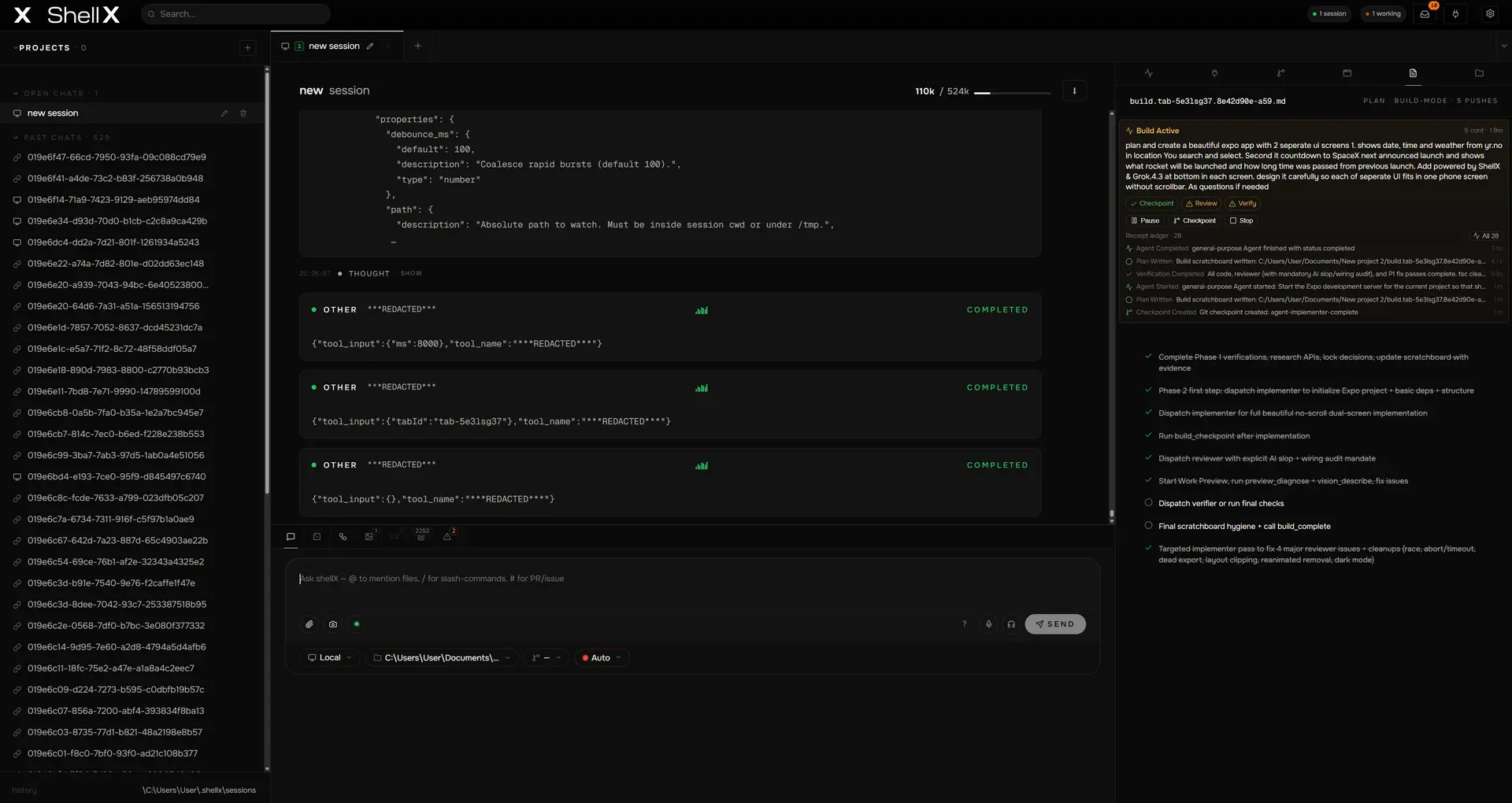 shellX /build cockpit — a receipt log of completed gates next to the live build scratchboard