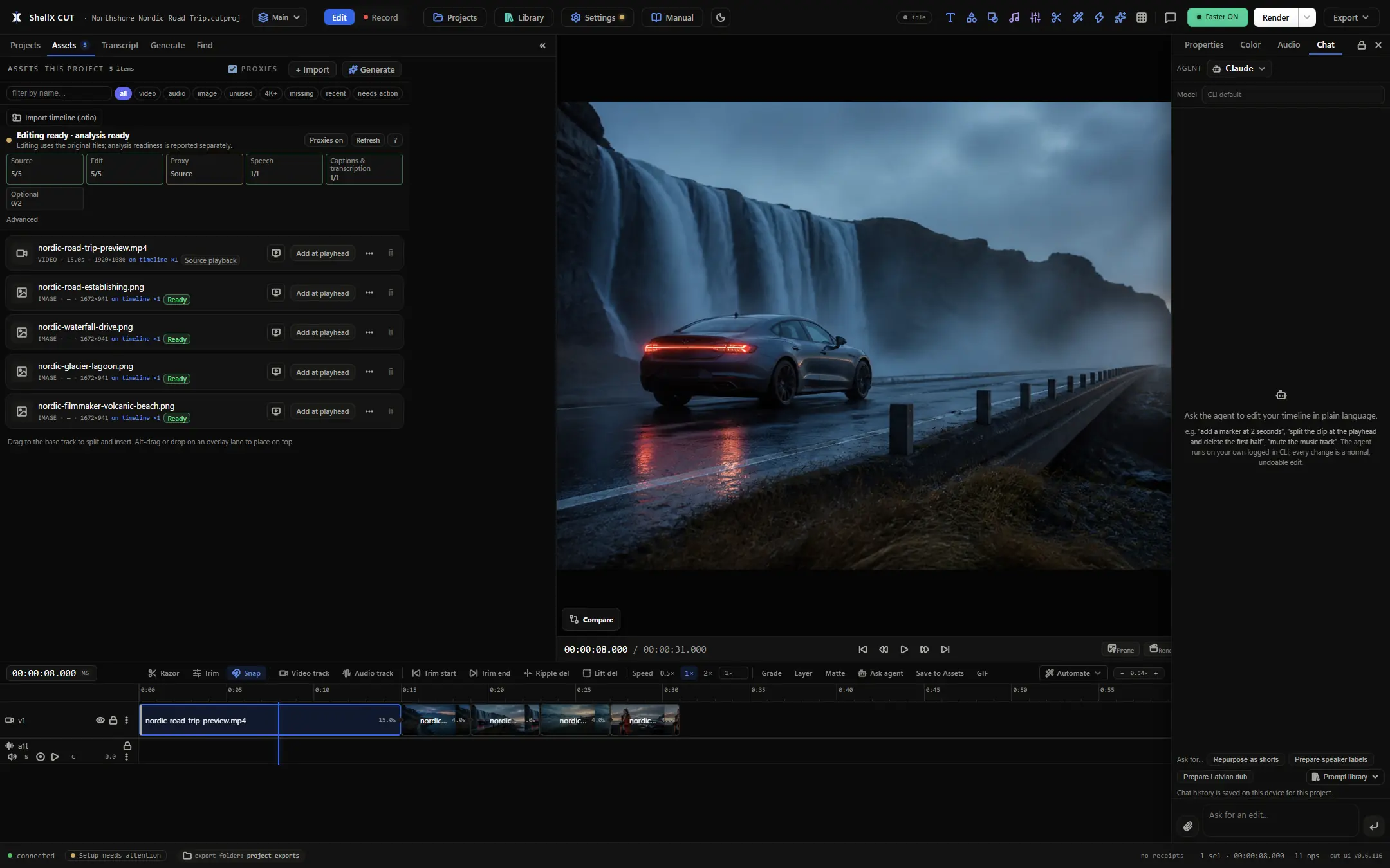 ShellX Cut v0.6.116 product preview with Agent Chat beside a scenic project and its timeline