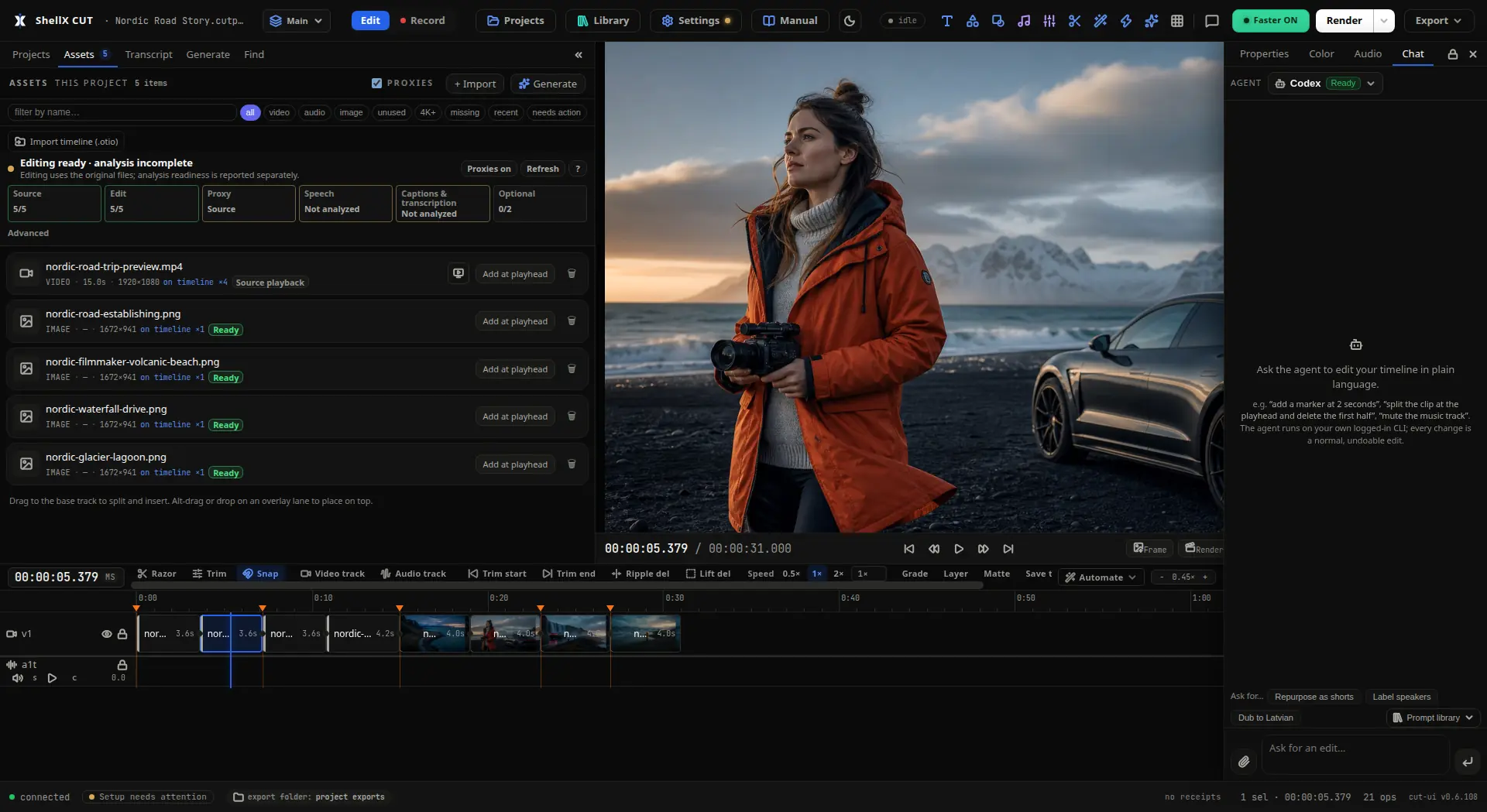 ShellX Cut with Codex selected and ready in Agent Chat beside a populated Nordic road-film edit