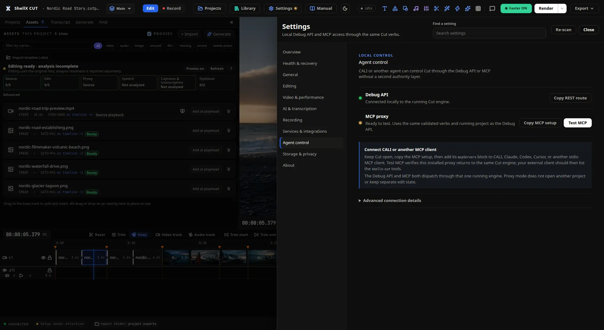 ShellX Cut Settings on Agent control over a populated edit, showing the local Debug API and MCP proxy connected to the running engine