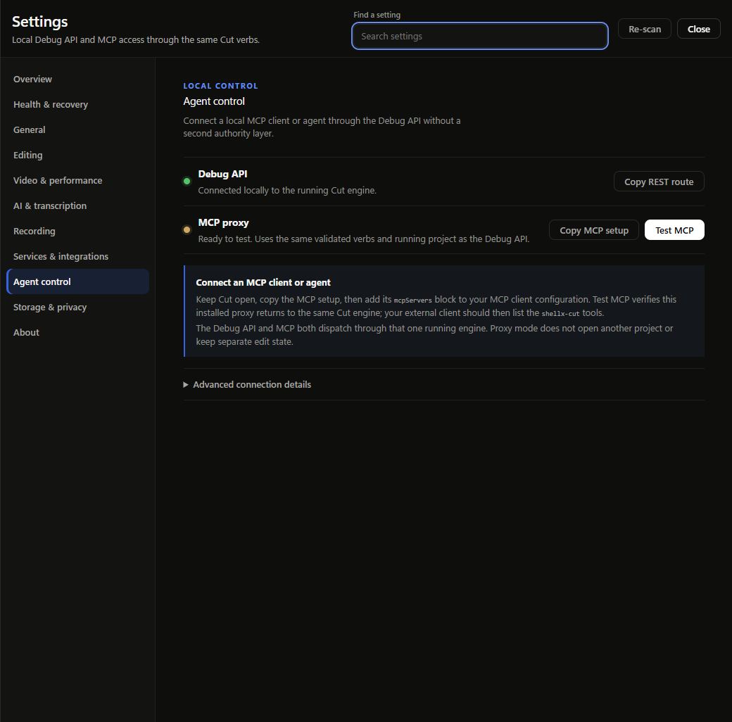 ShellX Cut v0.6.115 Agent control settings with the connected local Debug API and MCP setup controls