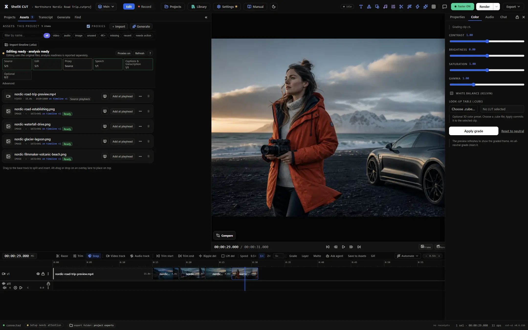 A sample edit in the ShellX Cut v0.6.116 product preview with scenic footage on the timeline