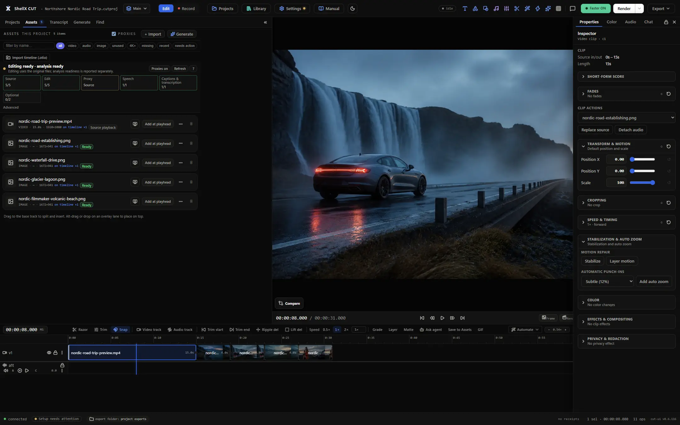 ShellX Cut v0.6.116 product preview editing a Nordic road trip with scenic media and multiple timeline clips