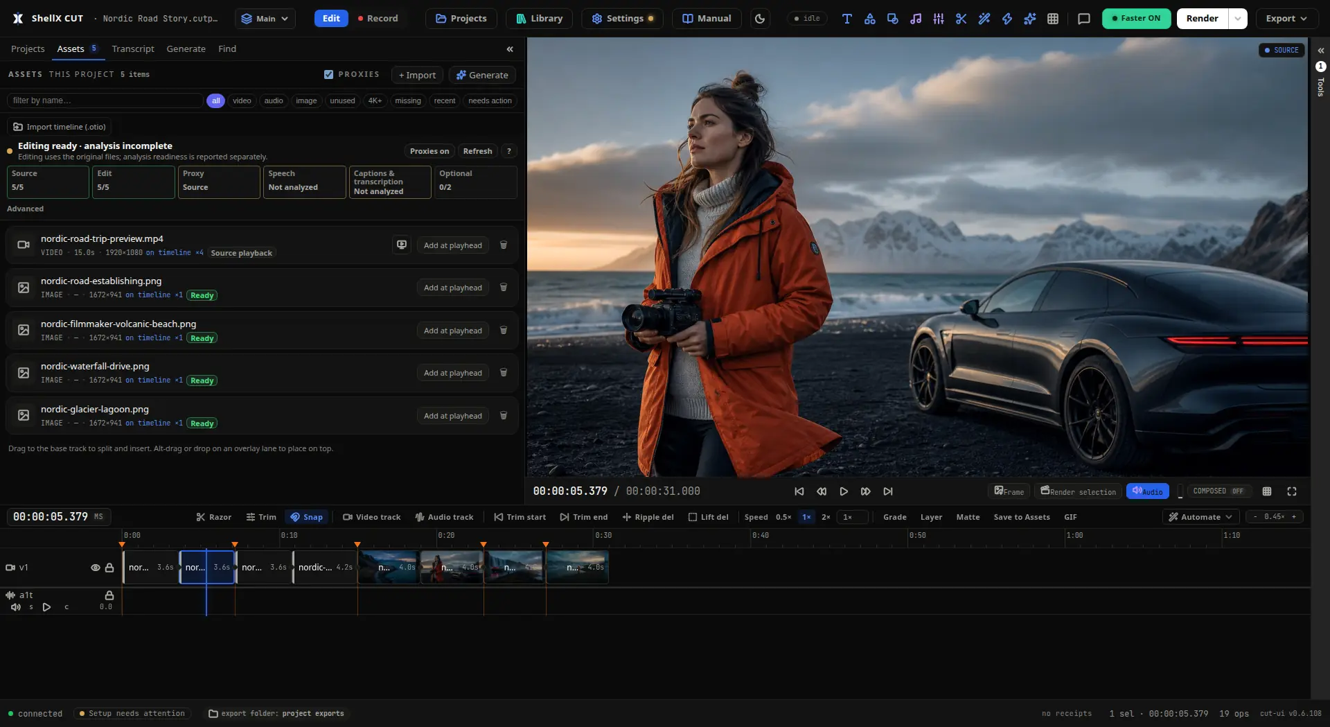 ShellX Cut editing a Nordic road film — five media sources in Assets, a cinematic frame in the live preview, and eight clips with editorial markers on the timeline