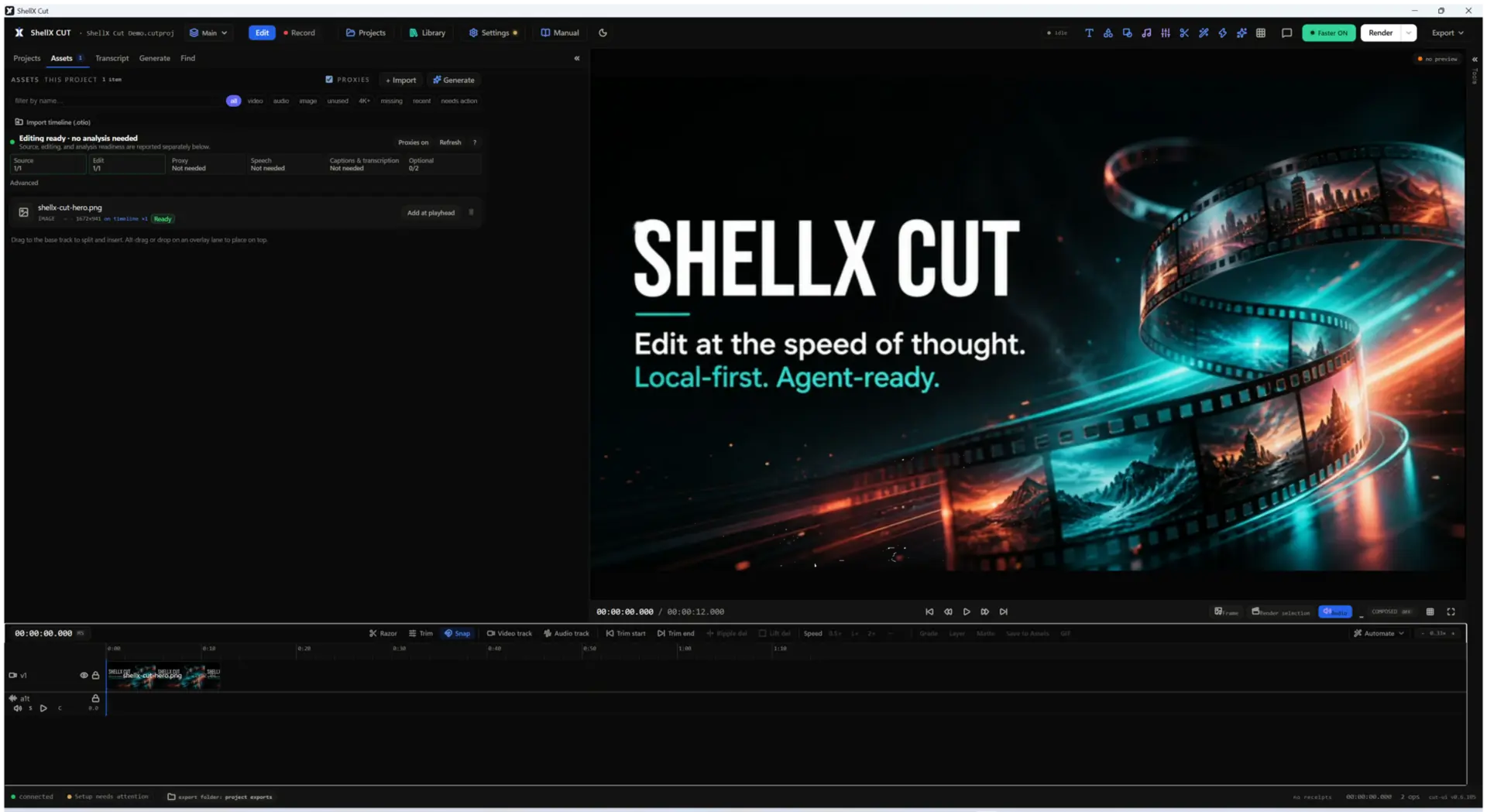 ShellX Cut video editor with assets, preview, and timeline