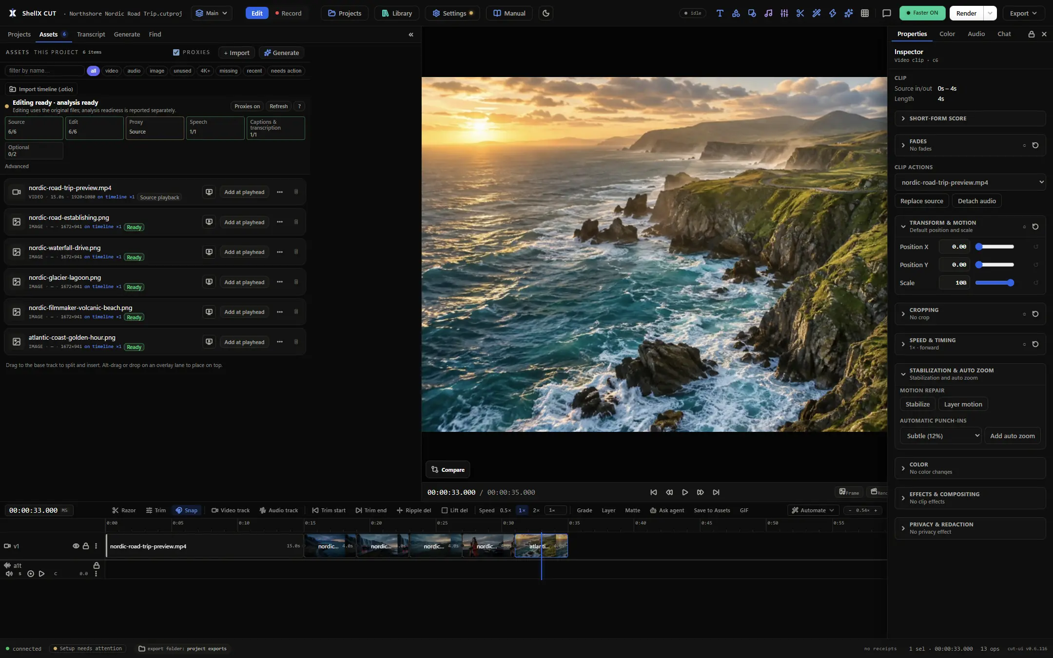 ShellX Cut v0.6.116 product preview with a cinematic coast, project media and a multi-clip timeline