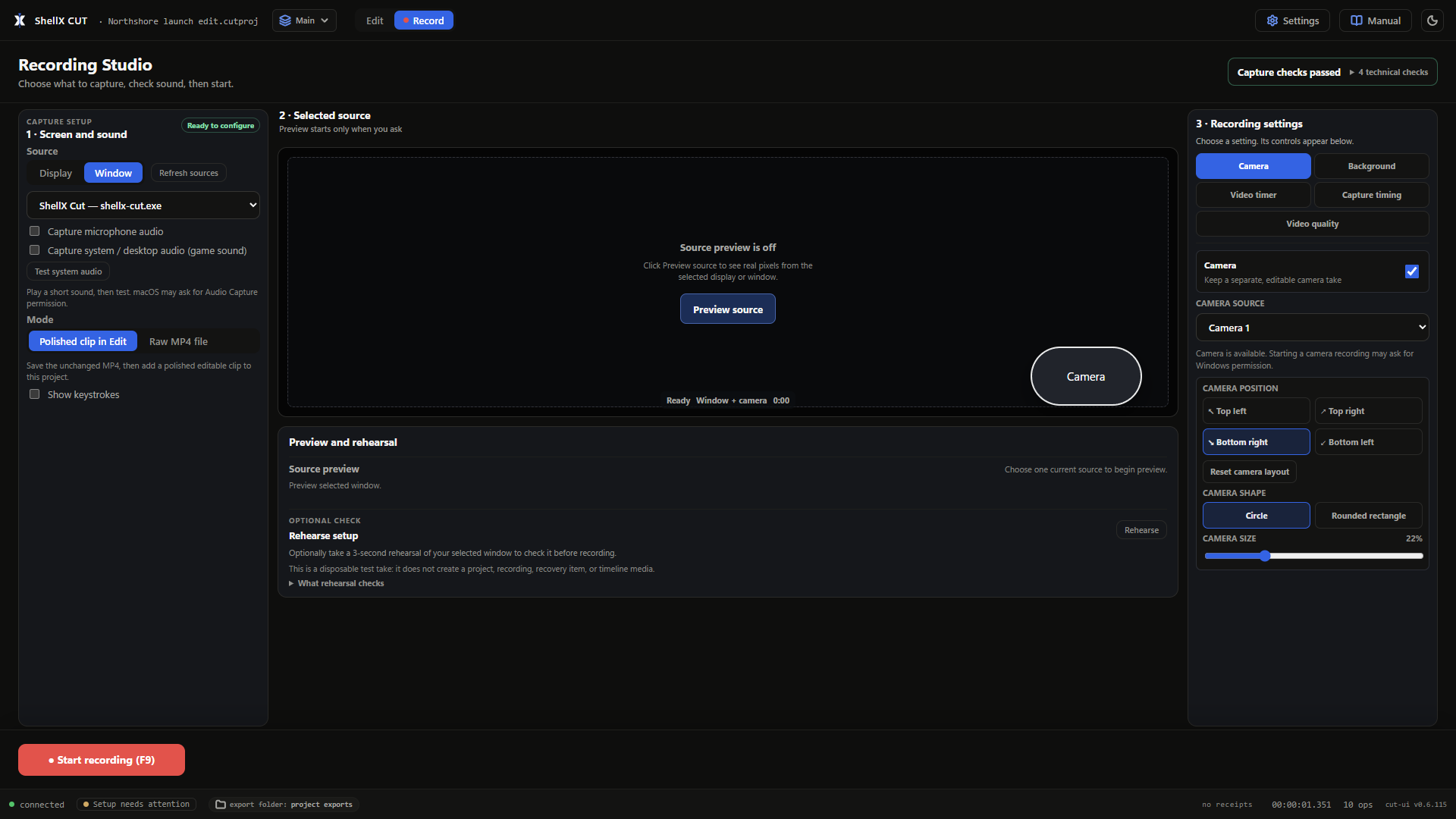 ShellX Cut v0.6.115 Recording workspace with Polished mode and camera layout controls