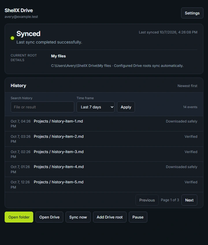 ShellX Drive desktop app showing sync status, activity, and the local-folder controls