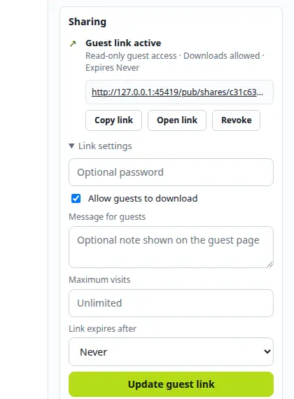 ShellX Drive Sharing panel: guest link active with read-only access, downloads allowed and no expiry, Copy link, Open link and Revoke buttons, and link settings for an optional password, a guest message, maximum visits and expiry
