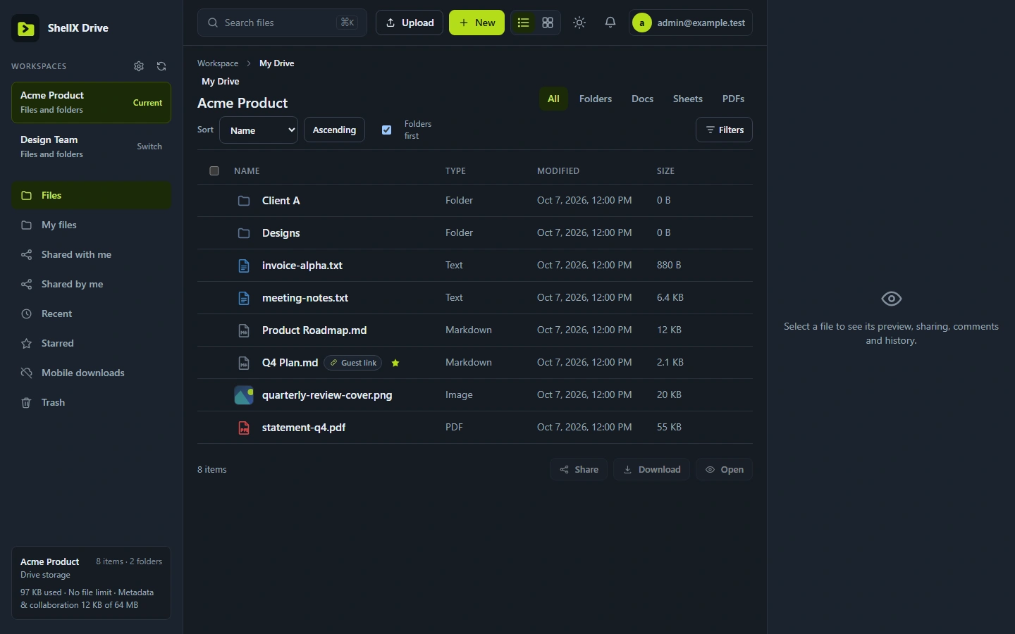 ShellX Drive workspace with folders, files, search, and file details in the dark interface
