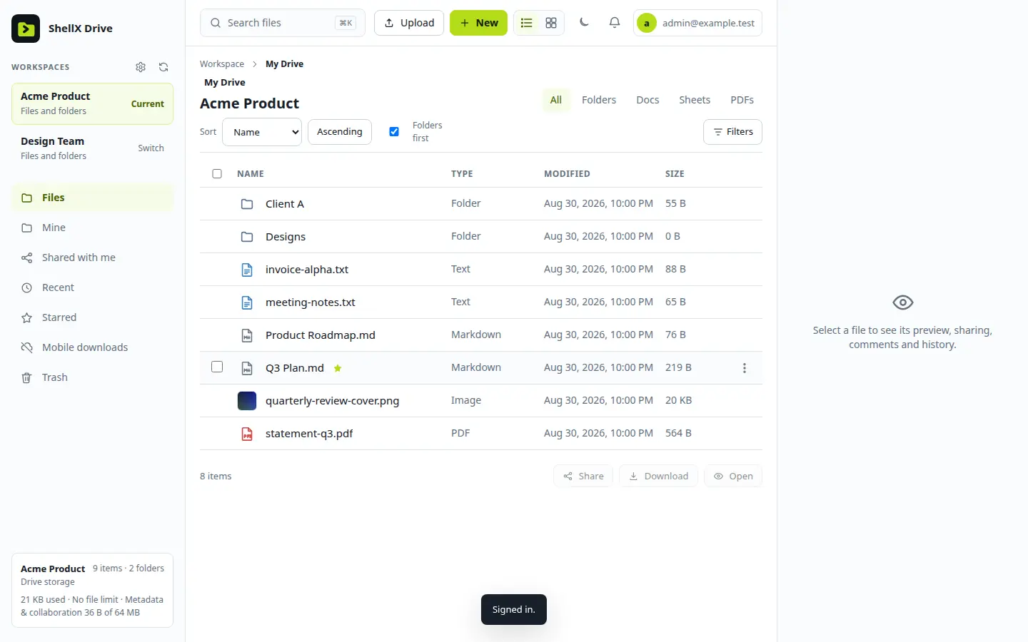 ShellX Drive web app showing a workspace with folders, text, Markdown, image and PDF files, their types, modified dates and sizes, with workspace switching and storage usage in the sidebar