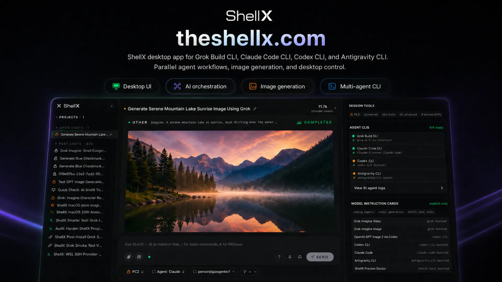 shellX 0.2.12 — one desktop app for Grok Build, Claude Code, Codex and Antigravity CLI, shown running an in-app image-generation session with the projects rail and the agent-tools panel