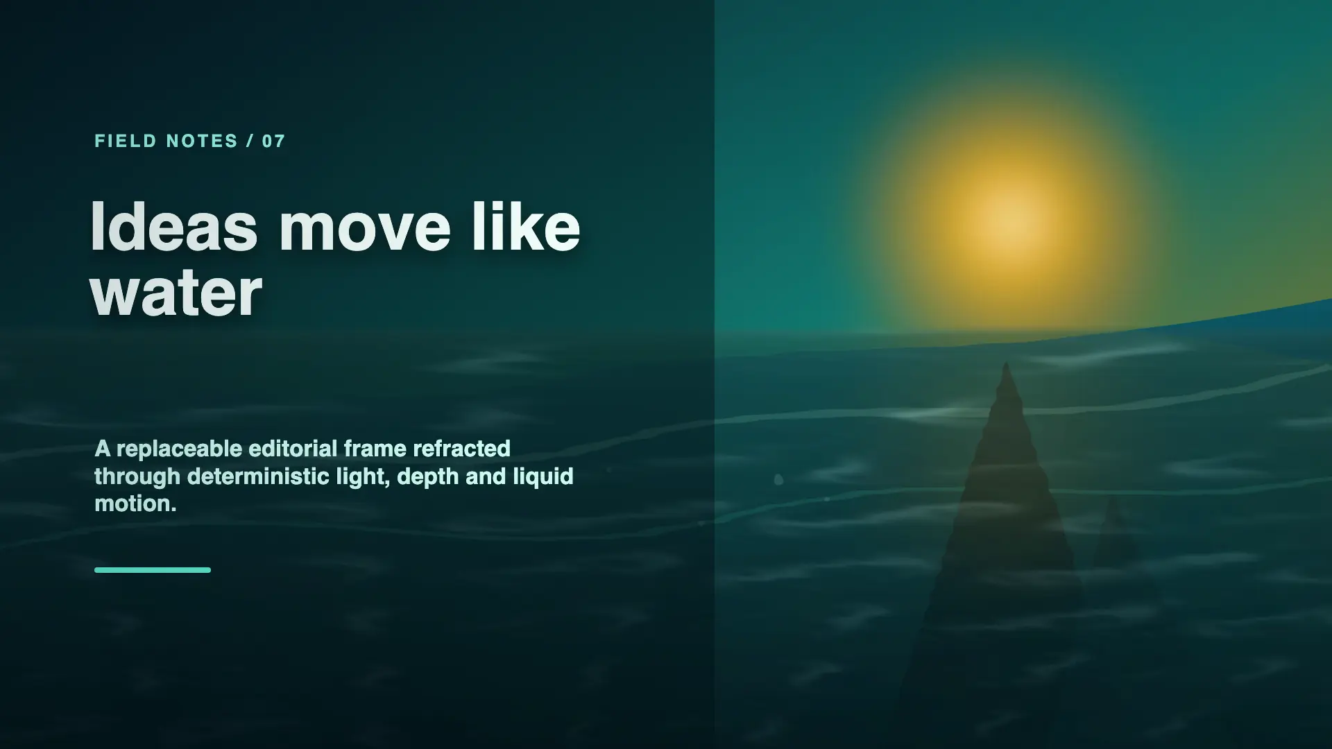 Rendered frame from the editorial-liquid-surface template: a sunlit ocean horizon refracted through liquid optics with an editorial title over it