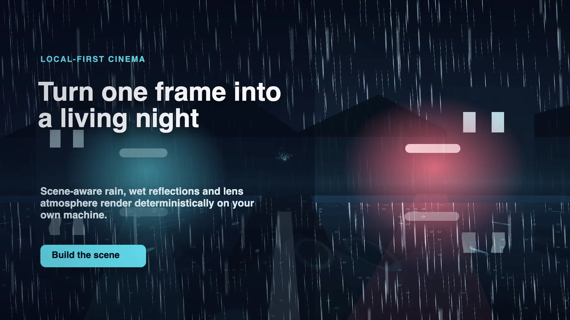 Rendered frame from the cinematic-rain-launch template: a night street with volumetric rain, wet reflections, coloured lens glow and a title block