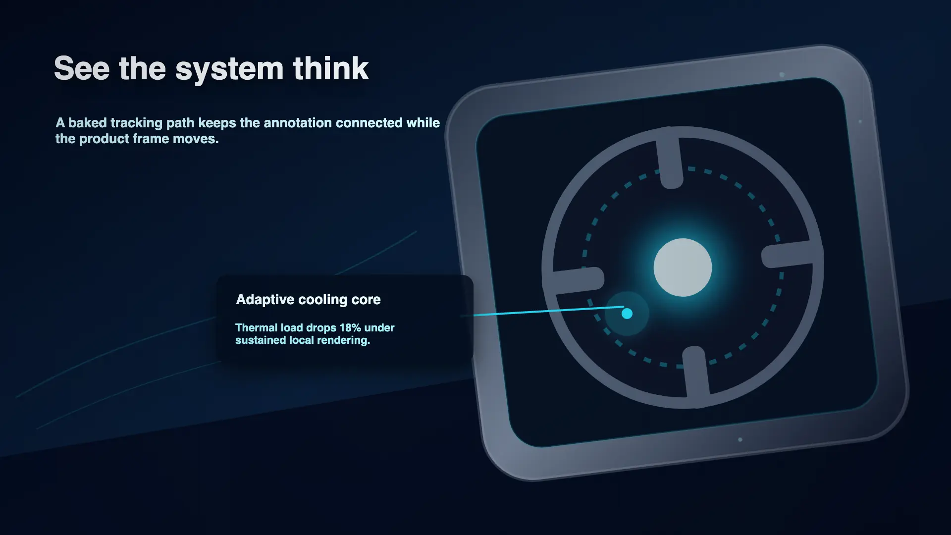 A tracked annotation staying attached to a moving product frame — the same rendered poster, shown here as an example of tracking applied through the command surface