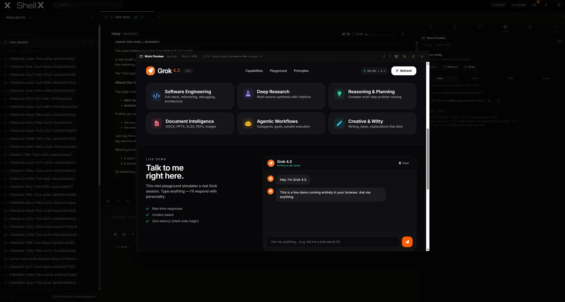 shellX running a web app it built, in the Work Preview panel, with logs and a live status pill