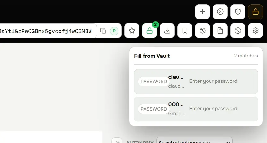 The Fill from Vault picker in the ShellX Browser, offering two matching saved passwords to fill a sign-in form, with the vault lock icon showing pending requests